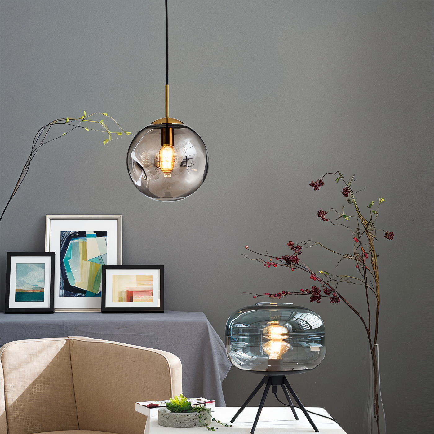 ChroDent hanglamp - rond champagne grijs glas led hanglamp - vintage wabi sabi verlichting