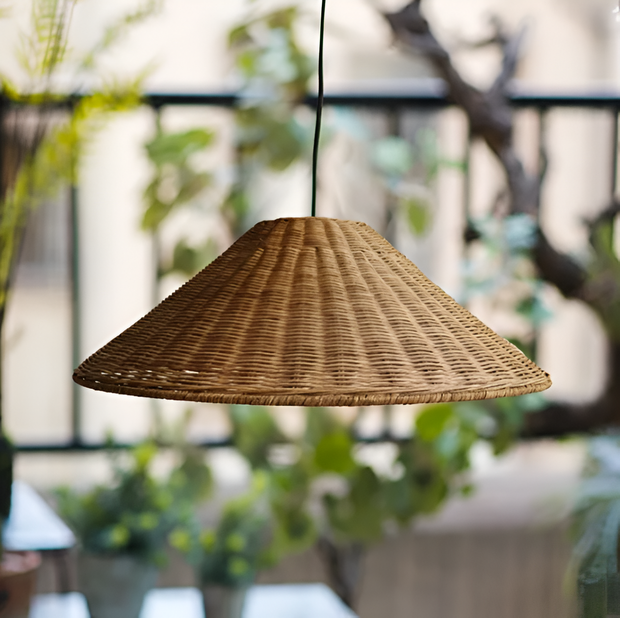 HatWicker hanglamp - hanglamp van bruin-beige kegelvormig rotan - naar beneden gericht licht