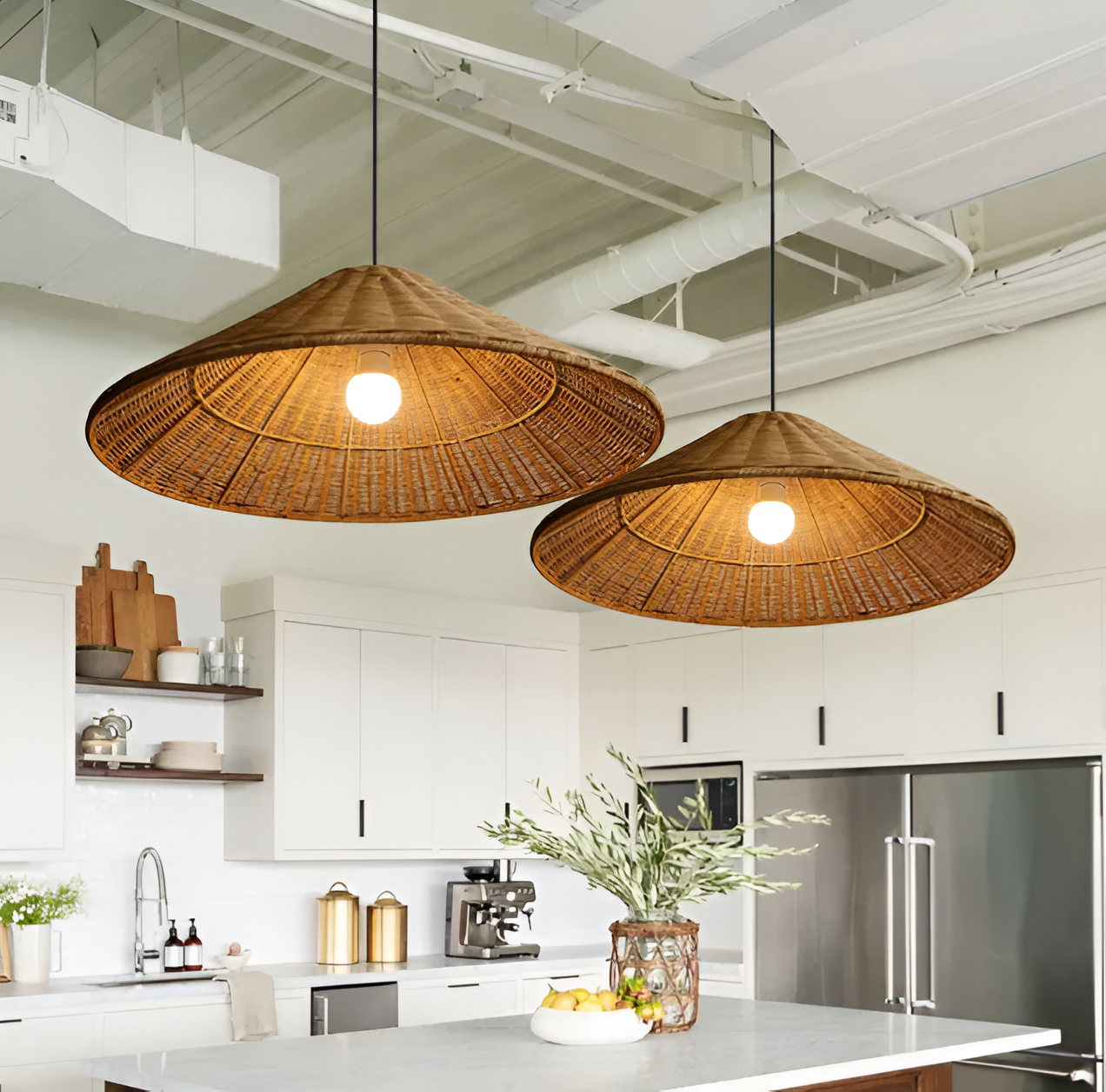 HatWicker hanglamp - hanglamp van bruin-beige kegelvormig rotan - naar beneden gericht licht
