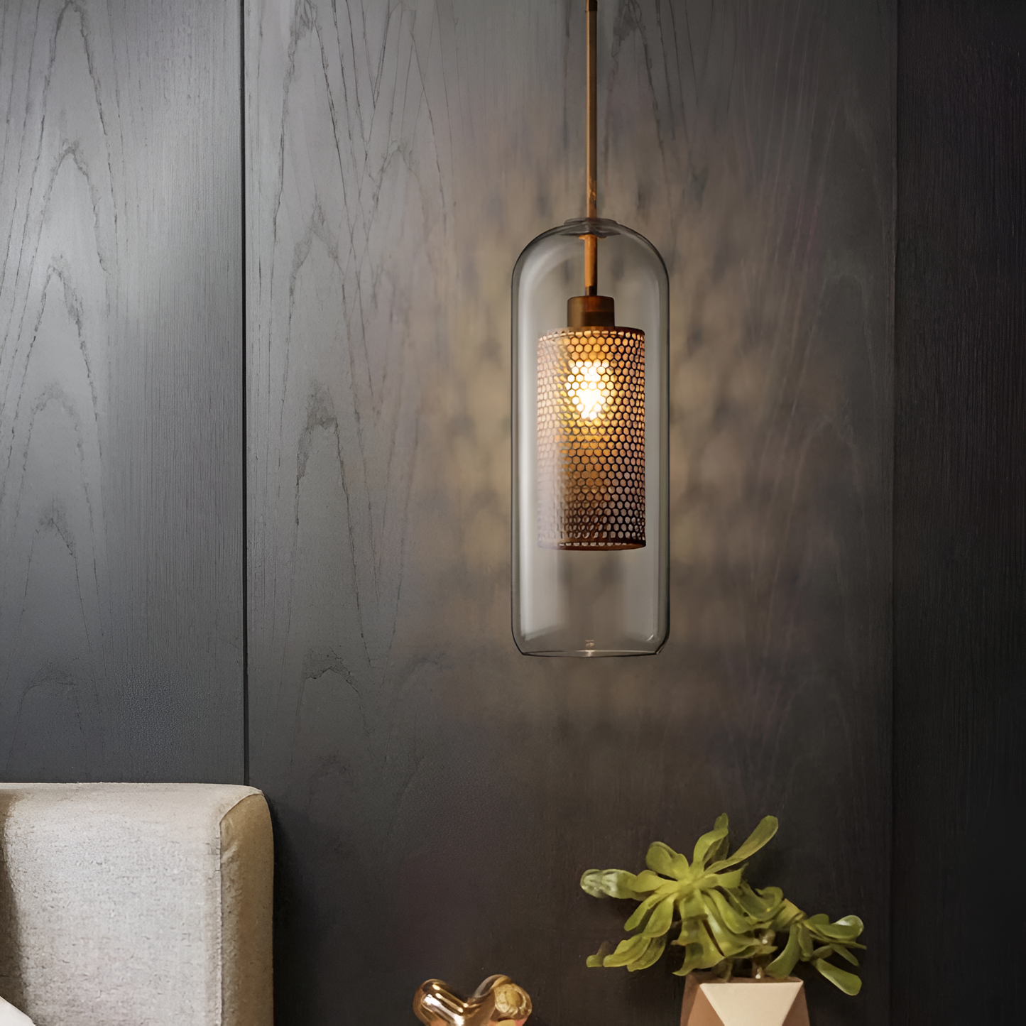 HiveGlim - geometrische glazen hanglamp met honingraatmotief - vintage loft lighting
