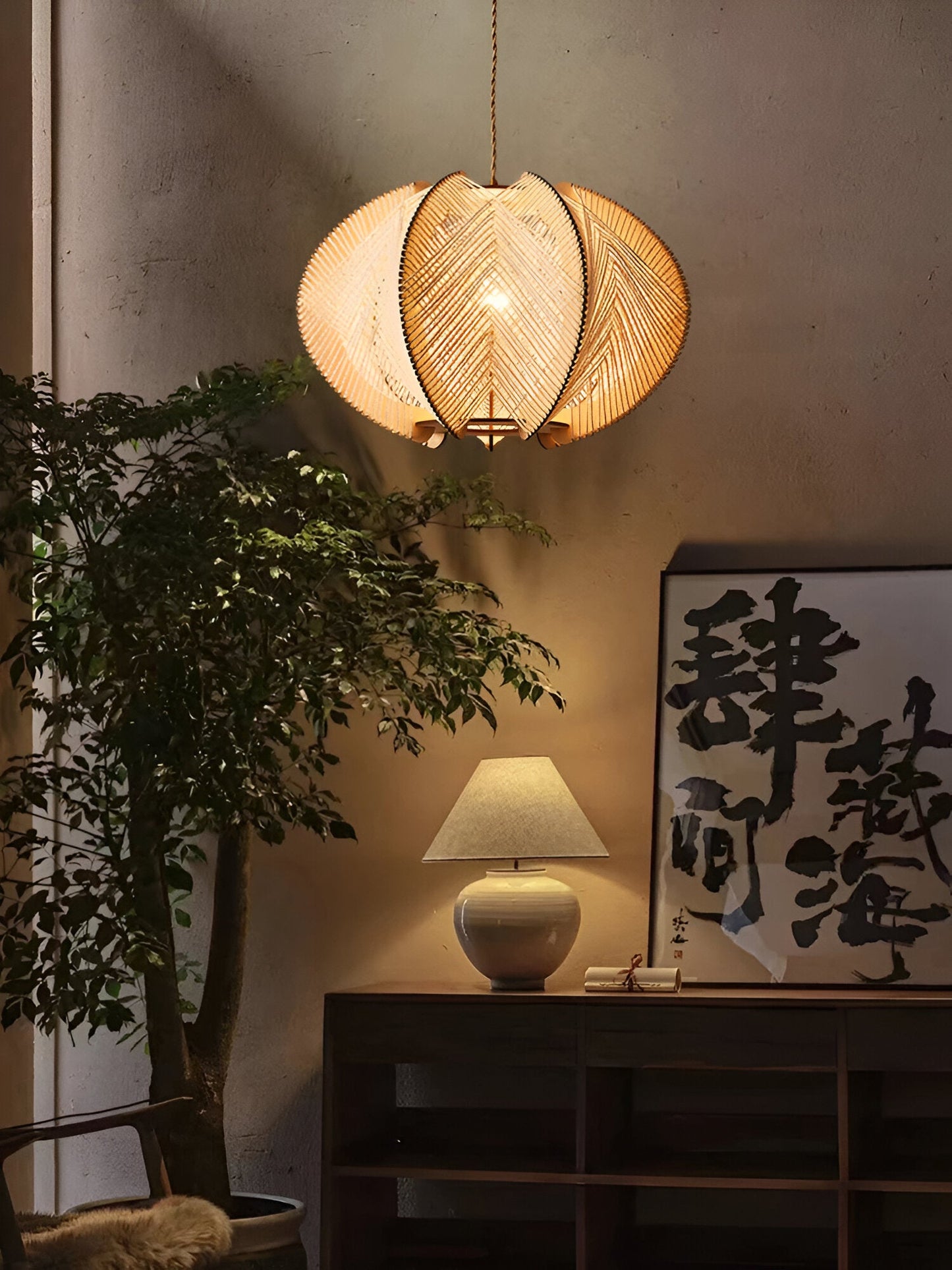 Kirei hanglamp - geometrische hanglamp van henneptouw en hout - wabi sabi verlichting