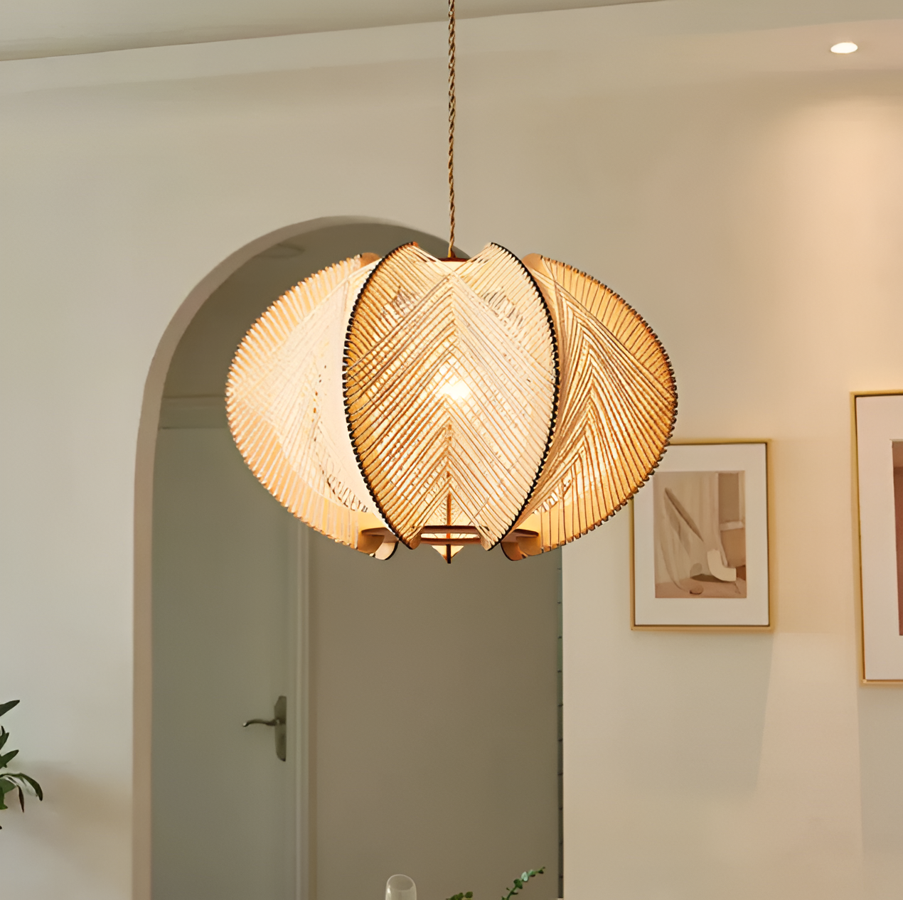 Kirei hanglamp - geometrische hanglamp van henneptouw en hout - wabi sabi verlichting