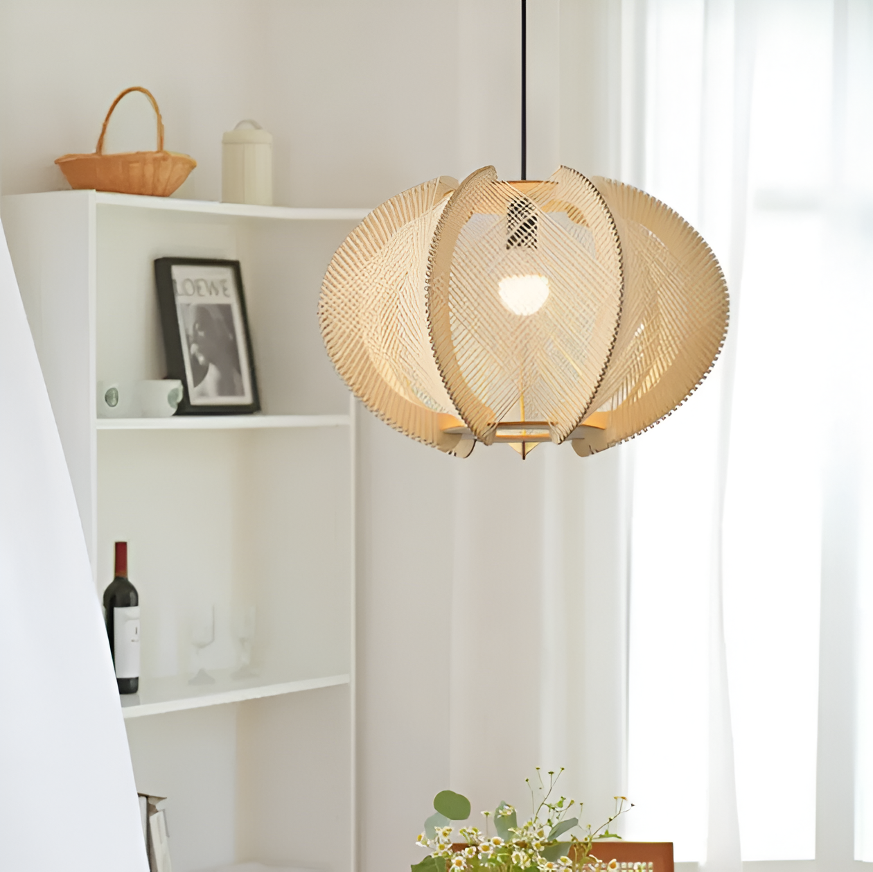 Kirei hanglamp - geometrische hanglamp van henneptouw en hout - wabi sabi verlichting