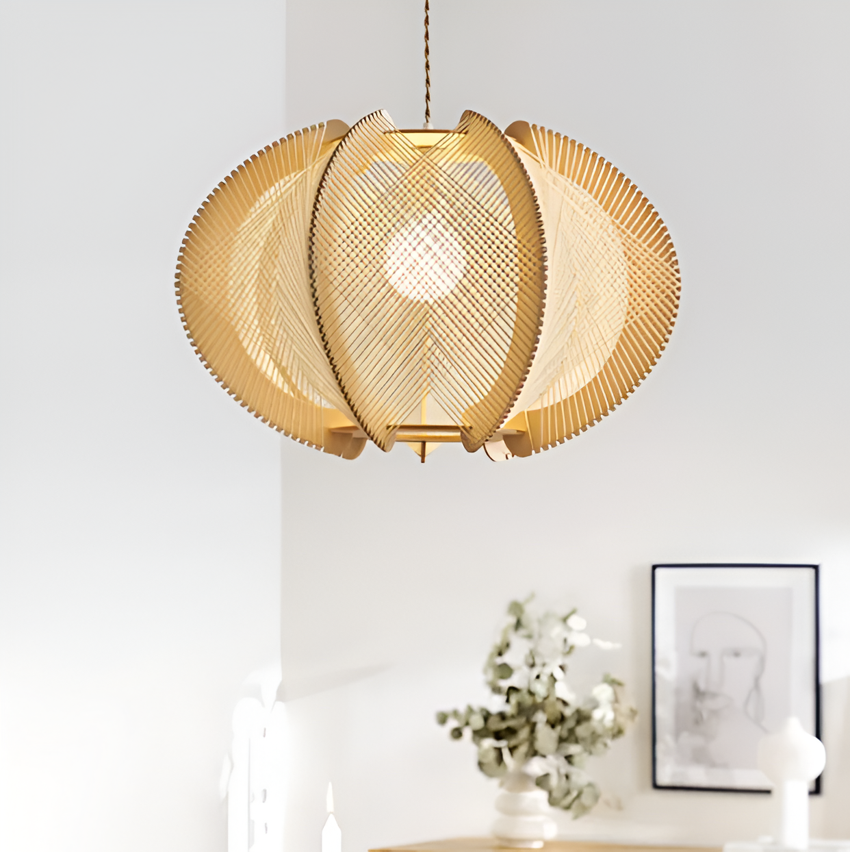 Kirei hanglamp - geometrische hanglamp van henneptouw en hout - wabi sabi verlichting