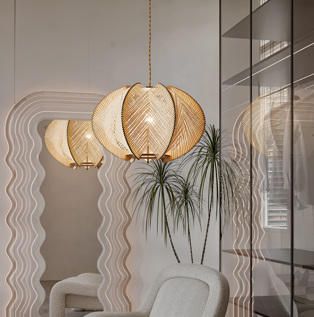 Kirei hanglamp - geometrische hanglamp van henneptouw en hout - wabi sabi verlichting