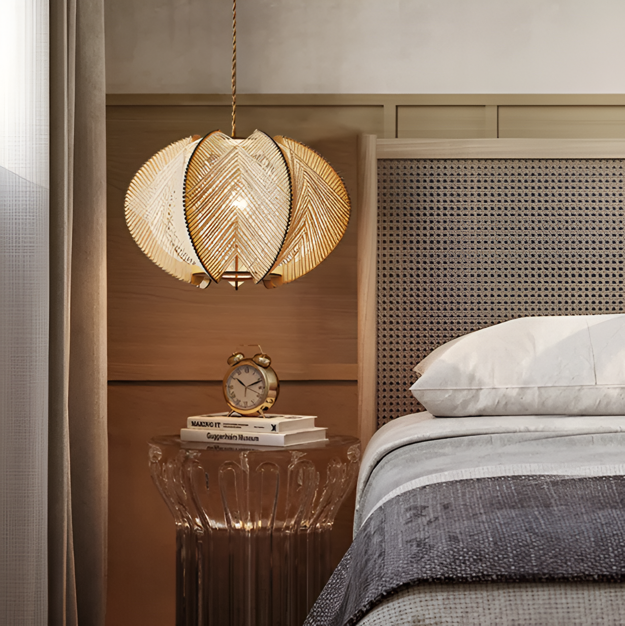 Kirei hanglamp - geometrische hanglamp van henneptouw en hout - wabi sabi verlichting