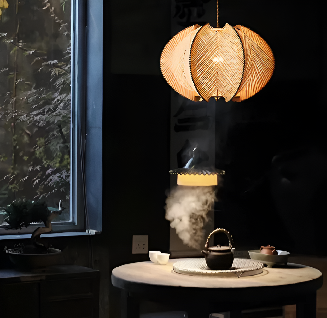 Kirei hanglamp - geometrische hanglamp van henneptouw en hout - wabi sabi verlichting