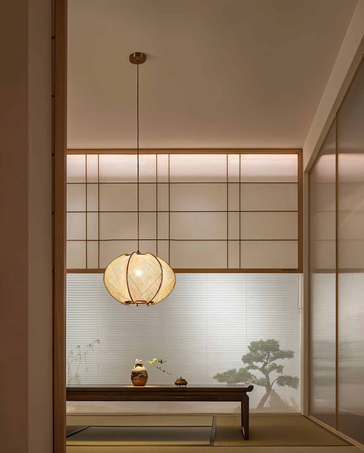 Kirei hanglamp - geometrische hanglamp van henneptouw en hout - wabi sabi verlichting