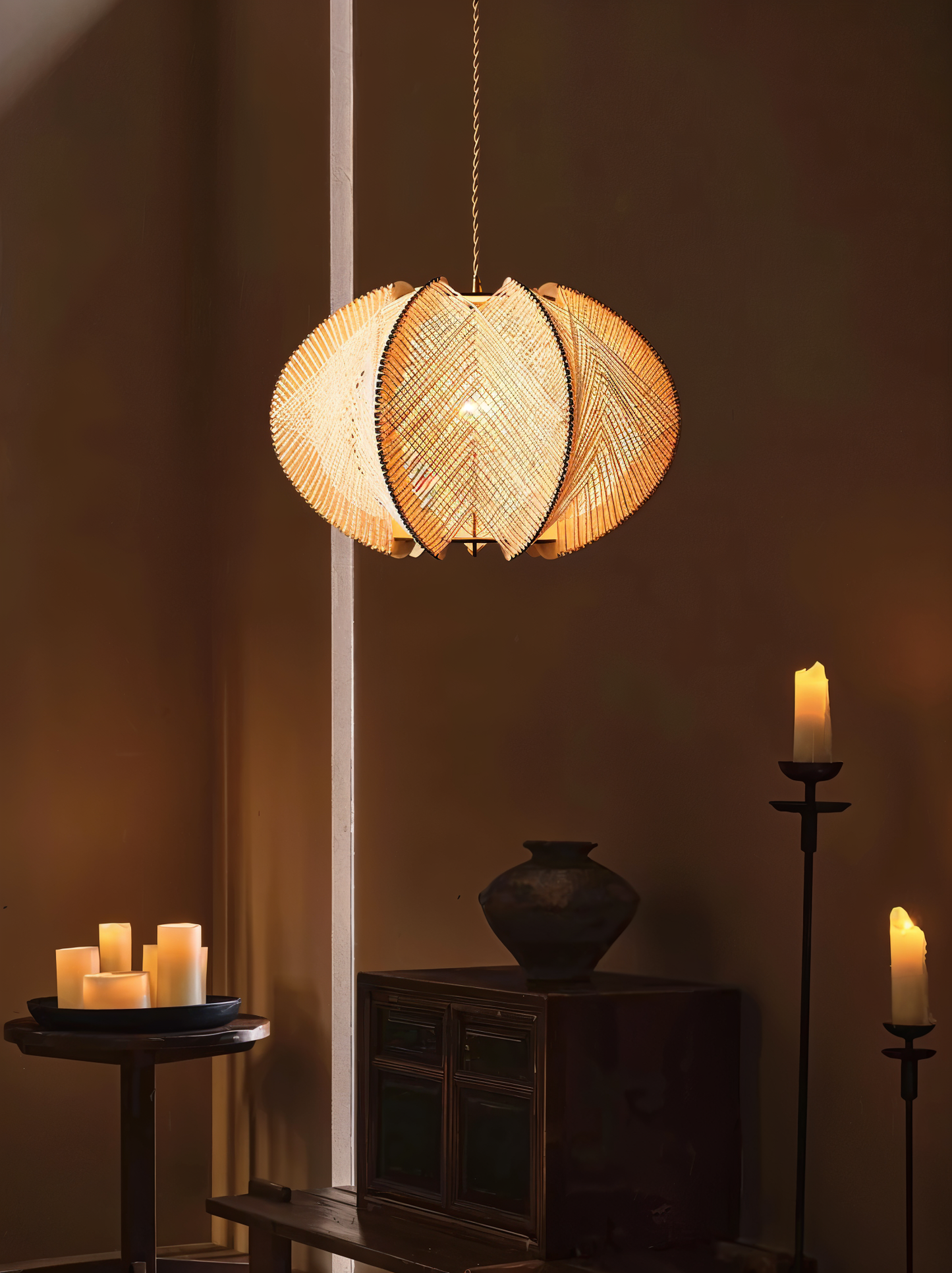 Kirei hanglamp - geometrische hanglamp van henneptouw en hout - wabi sabi verlichting