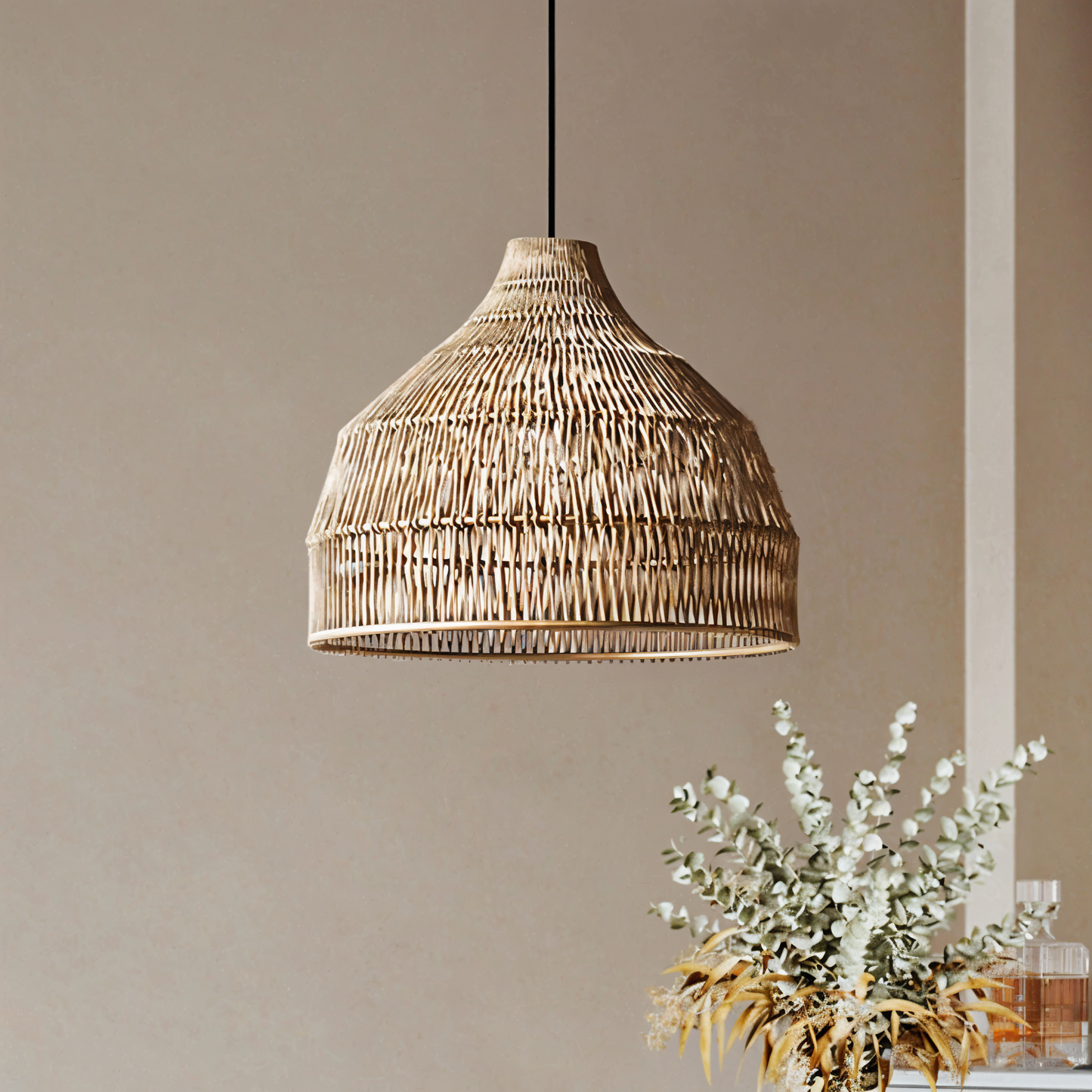 HatWicker hanglamp - hanglamp van bruin-beige kegelvormig rotan - naar beneden gericht licht