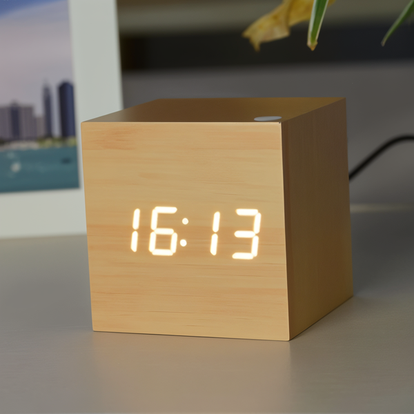 Digitale LED wekker - kubusklok - houten klok