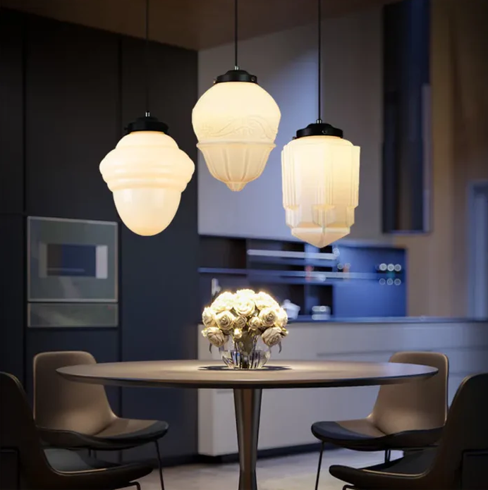 Vintage witte matglazen geometrische kruik hanglamp