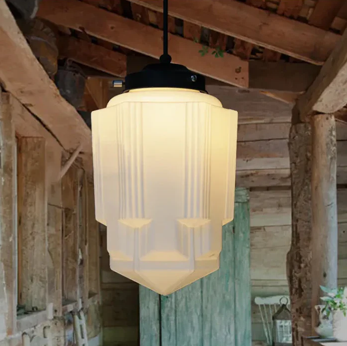 Vintage witte matglazen geometrische kruik hanglamp