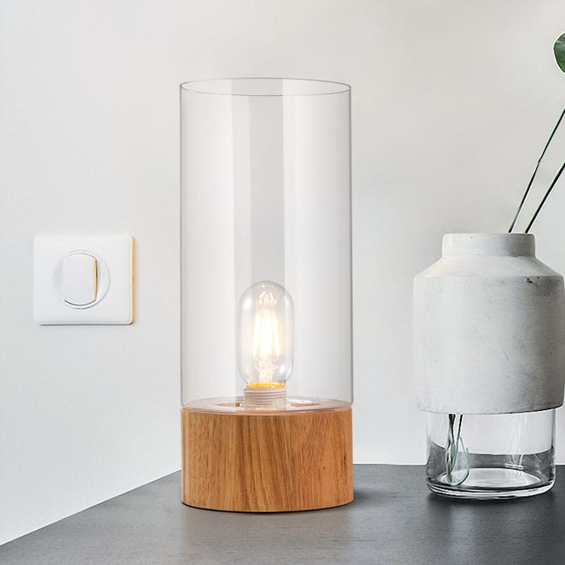 Lumeo – elegante cilindervormige tafellamp met houten voet