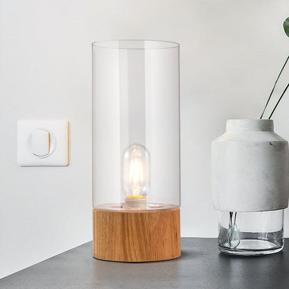 Lumeo – elegante cilindervormige tafellamp met houten voet