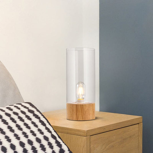 Lumeo – elegante cilindervormige tafellamp met houten voet