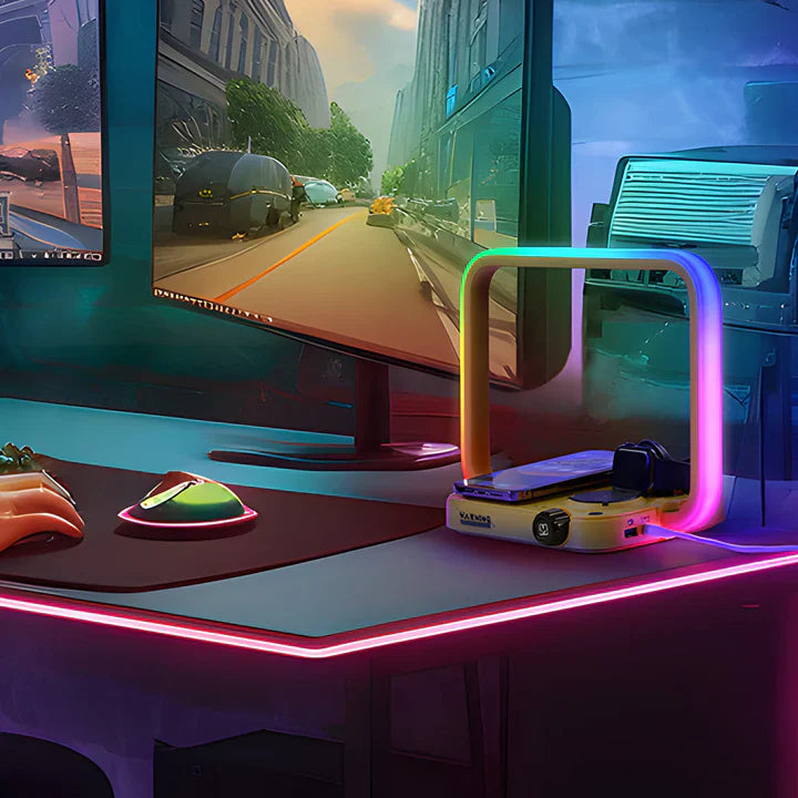 TechGlow – 3-in-1 tafellamp met draadloze oplader, RGB-verlichting en timer