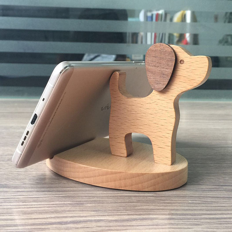 Creatieve mobiele telefoonhouder van beukenhout – met muntvakje en gravure