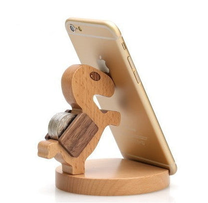 Creatieve mobiele telefoonhouder van beukenhout – met muntvakje en gravure