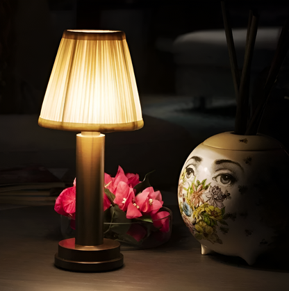 Vintage flare - aluminium tafellamp dimbaar stoffen bar lampenkap