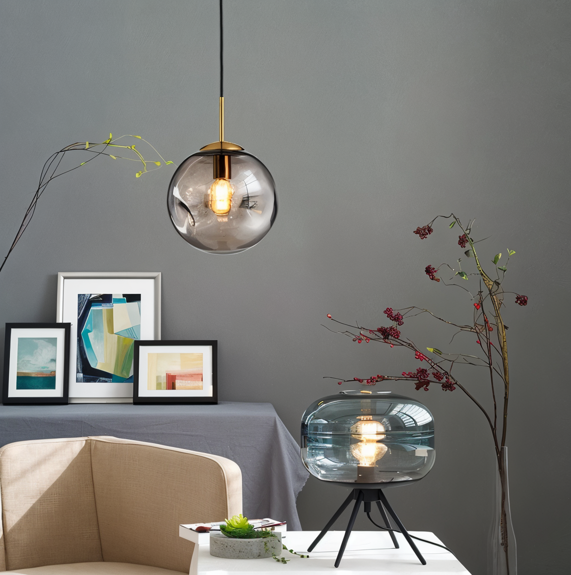 ChroDent hanglamp - rond champagne grijs glas led hanglamp - vintage wabi sabi verlichting