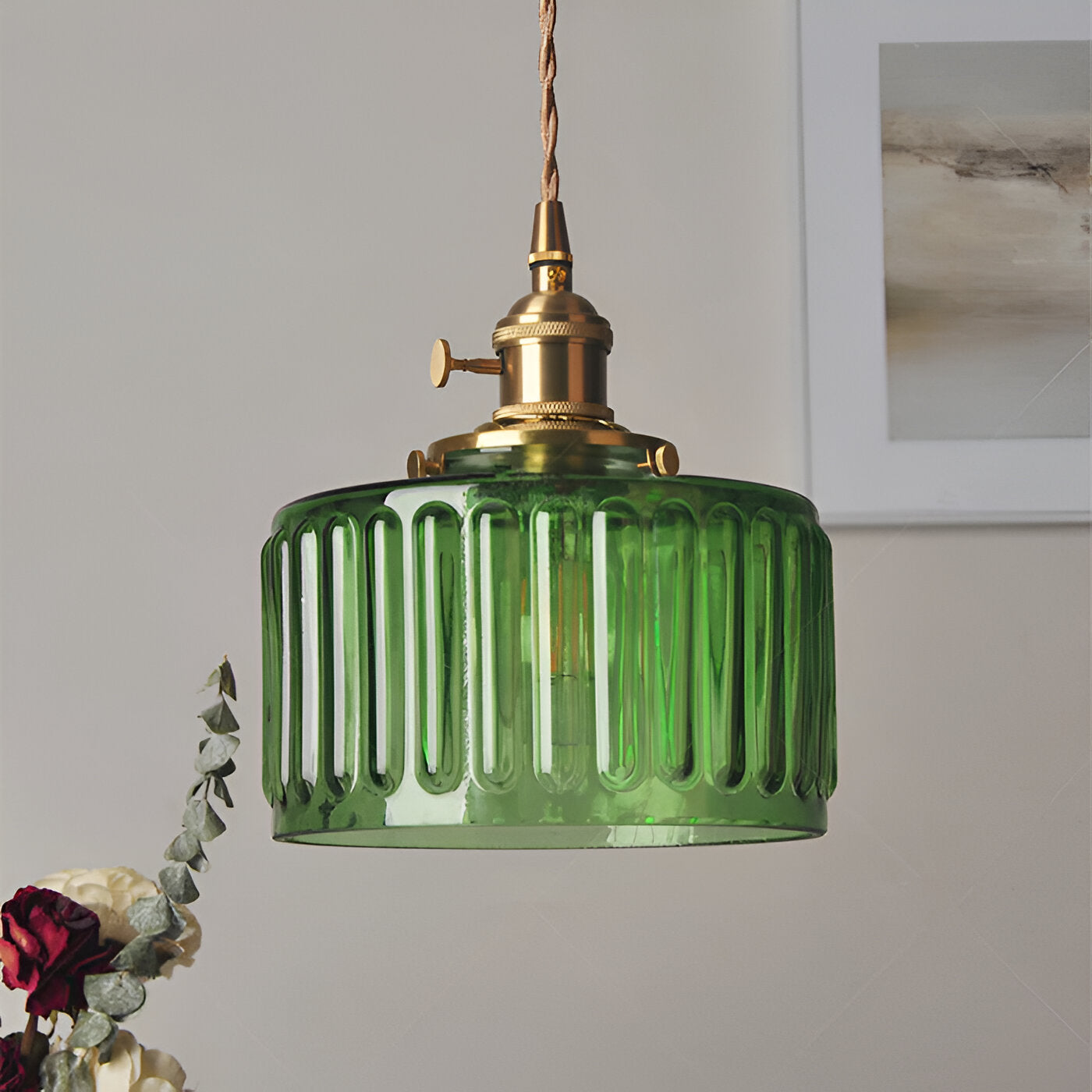 GlamourGlazen hanglamp - vintage groene hanglamp - cilindrische lamp