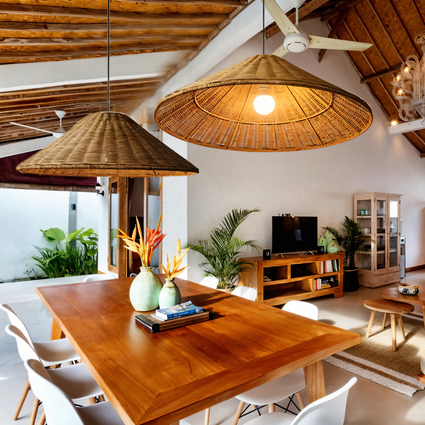 HatWicker hanglamp - hanglamp van bruin-beige kegelvormig rotan - naar beneden gericht licht