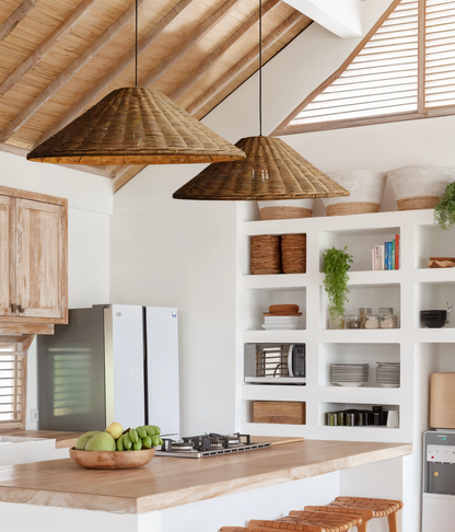 HatWicker hanglamp - hanglamp van bruin-beige kegelvormig rotan - naar beneden gericht licht