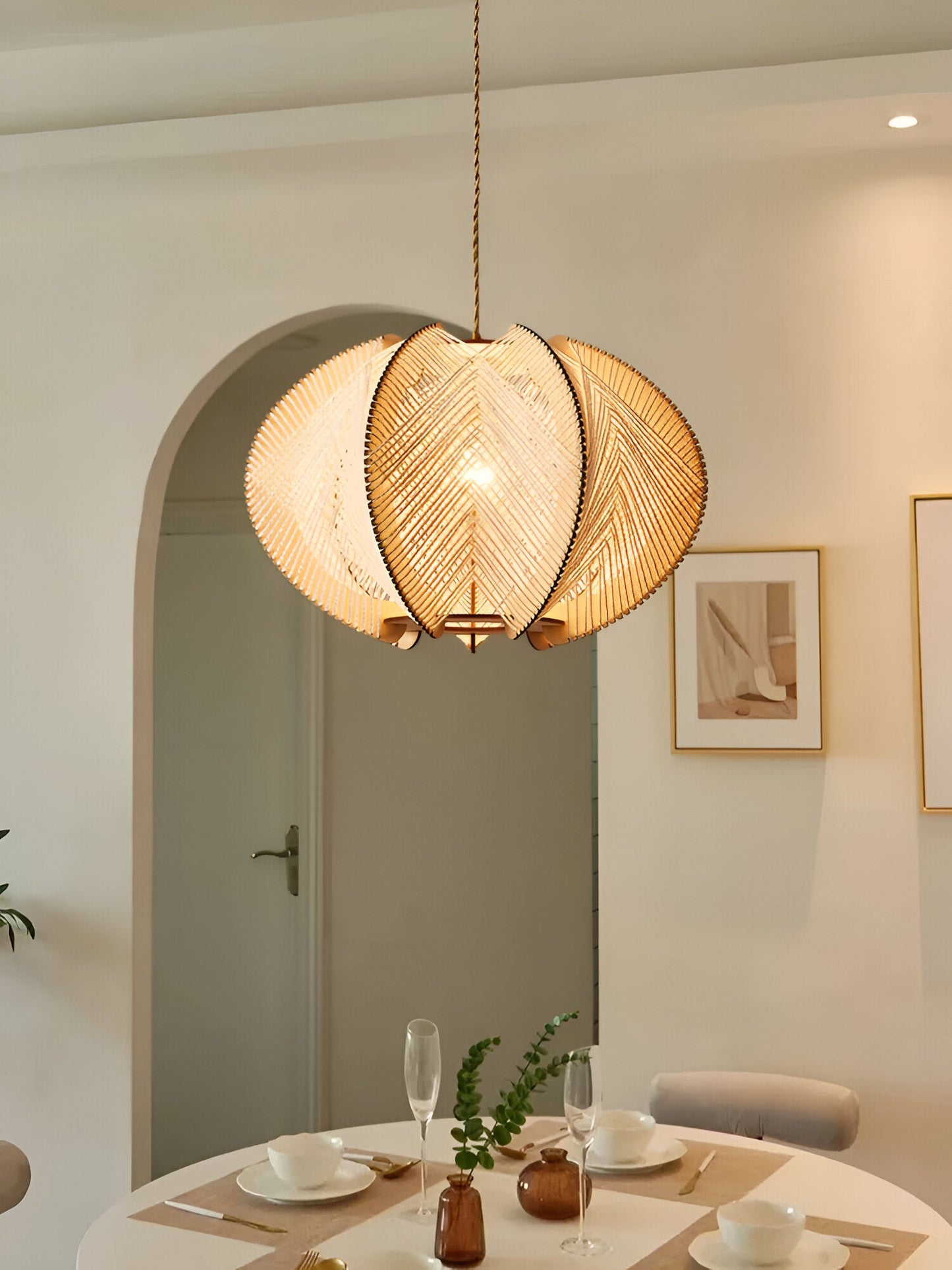 Kirei hanglamp - geometrische hanglamp van henneptouw en hout - wabi sabi verlichting