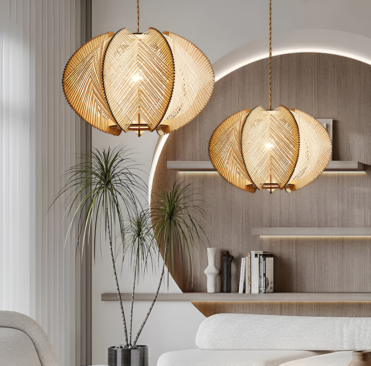 Kirei hanglamp - geometrische hanglamp van henneptouw en hout - wabi sabi verlichting