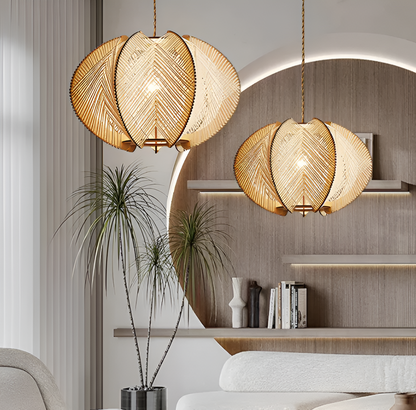 Kirei hanglamp - geometrische hanglamp van henneptouw en hout - wabi sabi verlichting