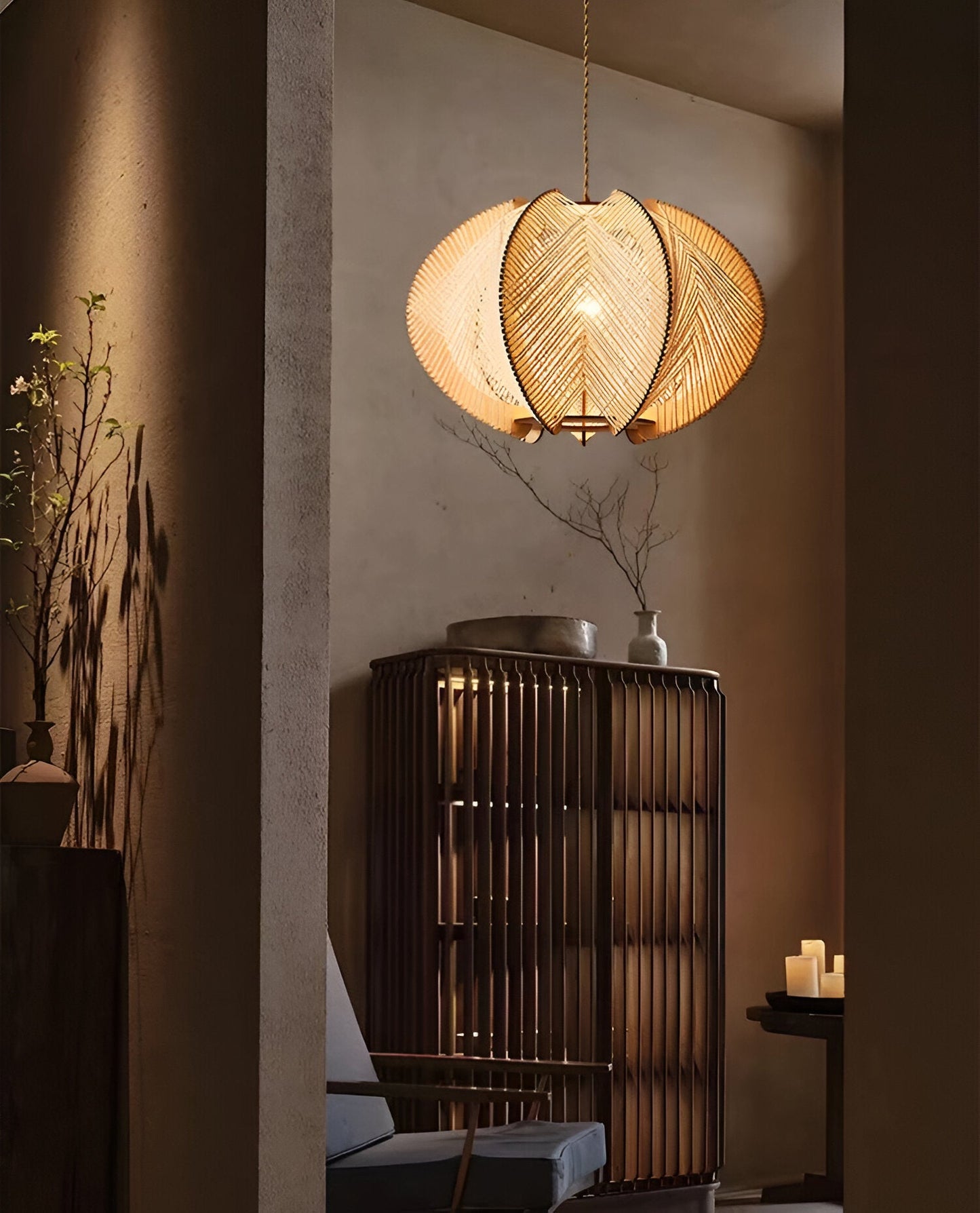 Kirei hanglamp - geometrische hanglamp van henneptouw en hout - wabi sabi verlichting