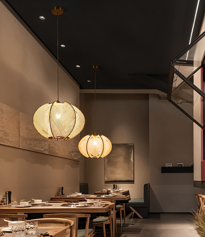 Kirei hanglamp - geometrische hanglamp van henneptouw en hout - wabi sabi verlichting