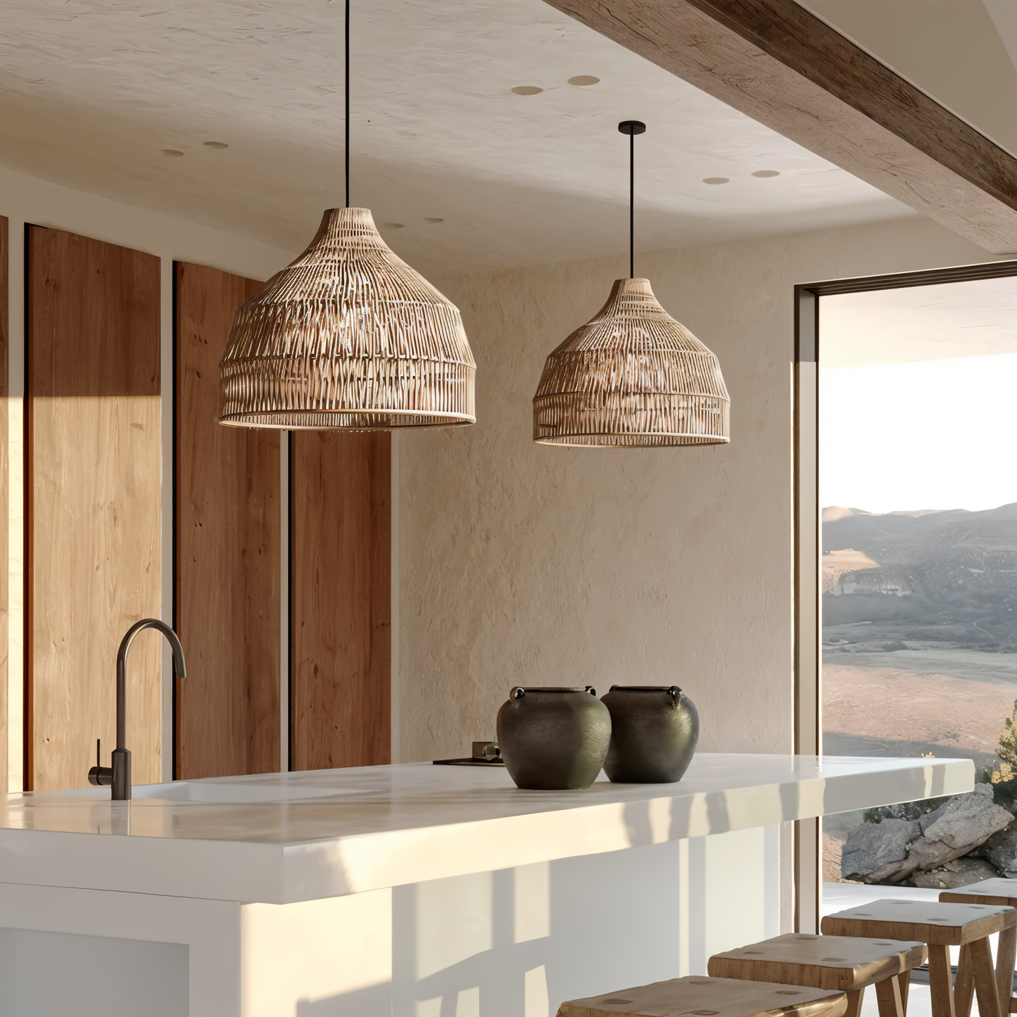 HatWicker hanglamp - hanglamp van bruin-beige kegelvormig rotan - naar beneden gericht licht