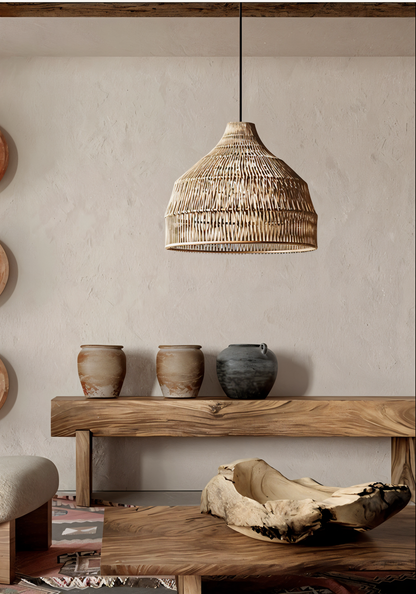 HatWicker hanglamp - hanglamp van bruin-beige kegelvormig rotan - naar beneden gericht licht