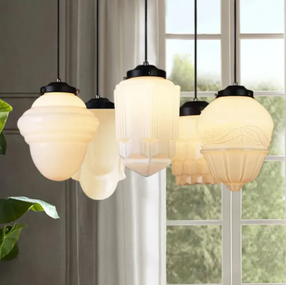 Vintage witte matglazen geometrische kruik hanglamp