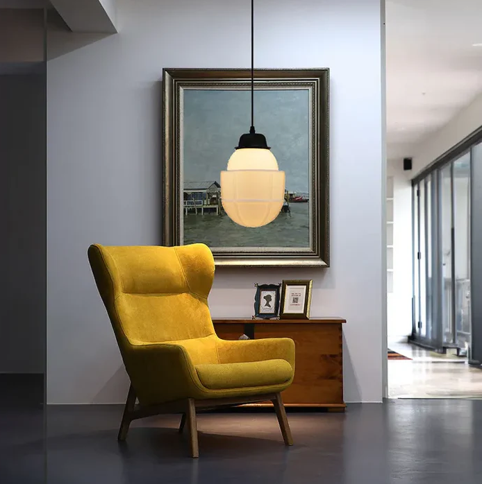 Vintage witte matglazen geometrische kruik hanglamp
