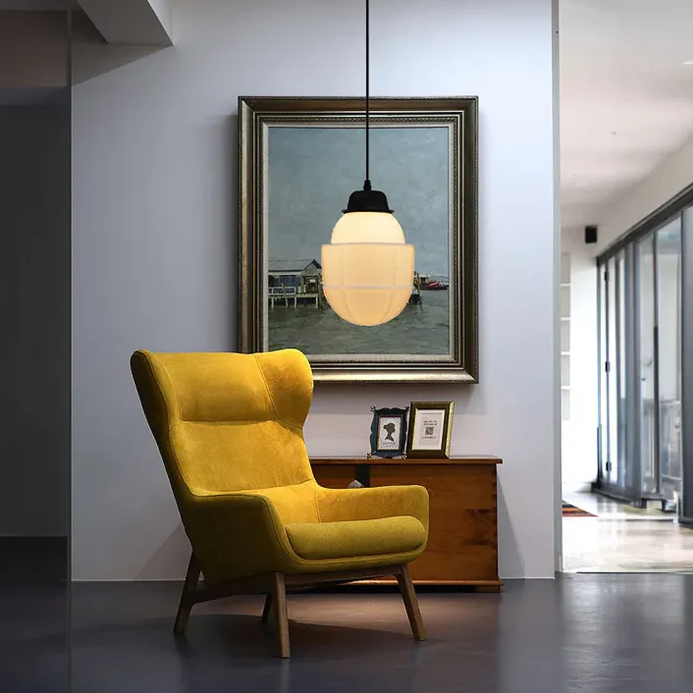 Vintage witte matglazen geometrische kruik hanglamp