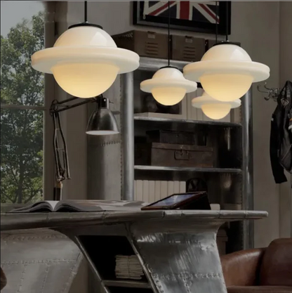 Vintage witte matglazen geometrische kruik hanglamp