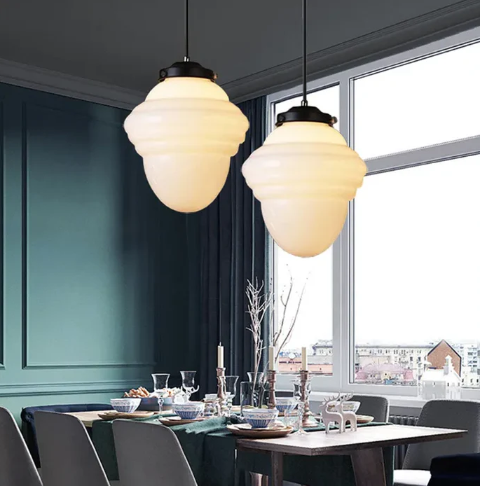 Vintage witte matglazen geometrische kruik hanglamp