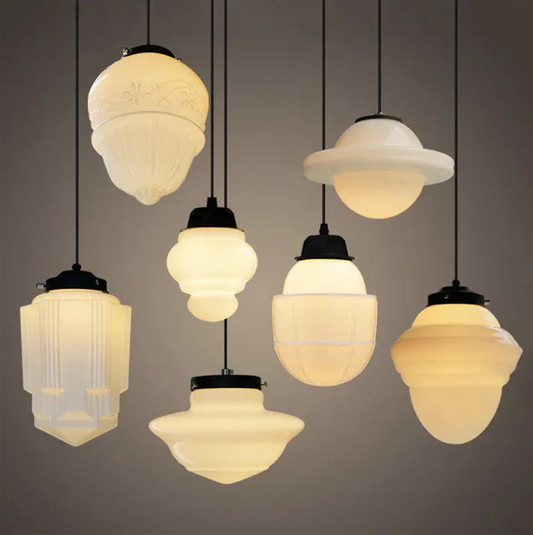 Vintage witte matglazen geometrische kruik hanglamp